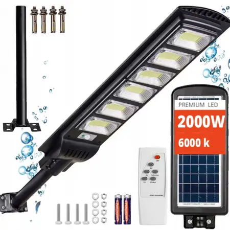 2000W LED napelemes utcai lámpa, önálló, 20,000 mAh, 288 LED, IP66, mozgás- és fényérzékelő, távirányító, kültéri világítás udvarra, kertbe, parkolóba vagy utcára, hideg fehér, 18W napelemes panel [6]