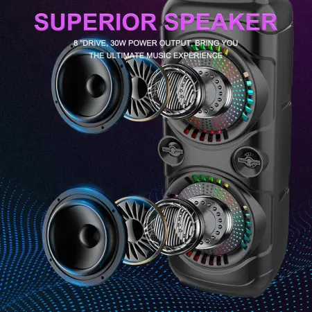 250 W PMPO hordozható hangszóró Bluetooth kapcsolattal, mikrofonnal, 2 x 8 hüvelykes hangszóróval, karaoke funkcióval, LED fényekkel, FM rádióval, víz- és porálló – ideális bulikhoz és szabadtéri szór [6]