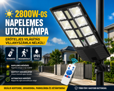 2800W-os Napelemes LED Utcai Lámpa, Távirányítóval, Mozgásérzékelővel, IP65 Vízálló Kivitelben, Beépített Akkumulátorral, Udvarokhoz, Kertekhez, Parkolókhoz és Sétányokhoz [4]