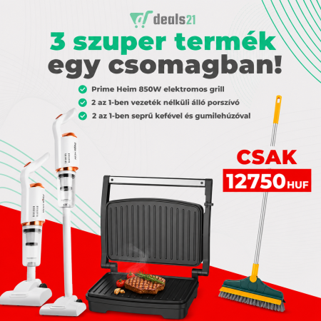 Otthon és Konyha - 3 az 1-ben csomag – 850W elektromos grill, vezeték nélküli álló porszívó és 2 az 1-ben seprű gumilehúzóval
