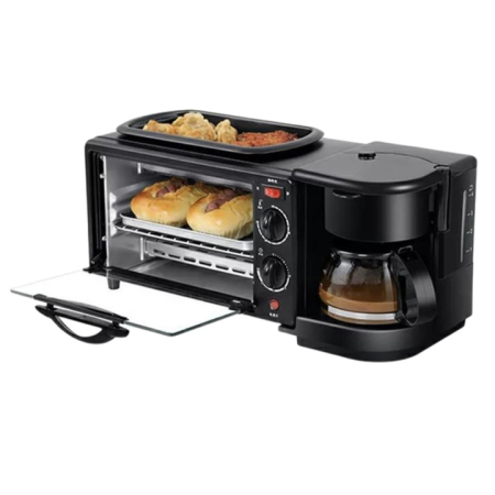 3 az 1-ben elektromos reggeliző készülék, 12L sütő és grill, 800 ml kávéfőző, 1360W teljesítmény, 4 hőfokozat, időzítő funkció, rozsdamentes acél ház [1]