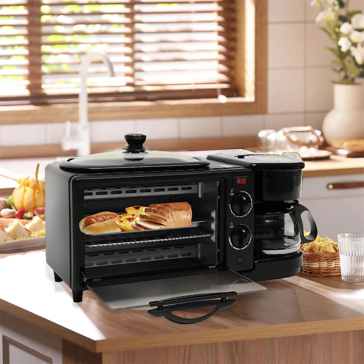 3 az 1-ben elektromos reggeliző készülék, 12L sütő és grill, 800 ml kávéfőző, 1360W teljesítmény, 4 hőfokozat, időzítő funkció, rozsdamentes acél ház [0]