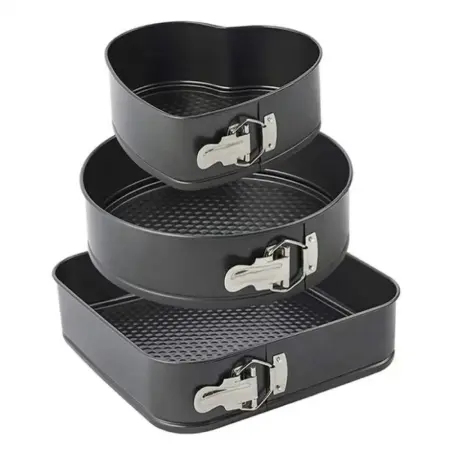 Otthon és Konyha - 3 darabos tapadásmentes sütőforma készlet levehető oldalfallal – kerek, szív és téglalap alakú formák, szénacél, tartós és könnyen tisztítható