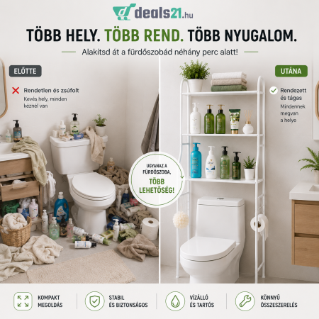3 Polcos Fém Tárolópolc – Fürdőszobai Állvány, Állítható Polcokkal, Fehér [5]