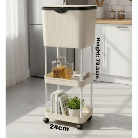 3 szintes gurulós tárolókocsi 78,5×24×17 cm, fém váz és műanyag polcok, 4 forgó kerék, kompakt kialakítás konyhába vagy fürdőszobába, szürke [1]