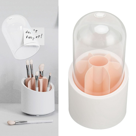 proviz - 360°-ban forgatható sminkecset tartó, védőfedéllel, magas és alacsony kialakítás, tartós PP/PET anyag, kozmetikai rendszerező, fehér