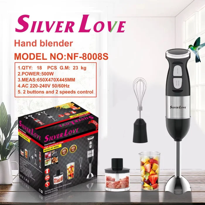 4 az 1-ben Silver Love Turmixgép 500 W – Álló Mixer Aprítóval, 600 ml-es Kancsó, Tartozékokkal, Rozsdamentes Pengék, Kompakt Dizájn [8]