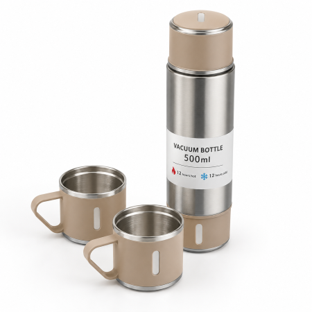 Otthon és Konyha - 4 Részes Termosz Szett, 500 ml + 3 x 150 ml Csésze, Kompakt Kialakítás, Ideális Utazáshoz, Több Színben, ezüst