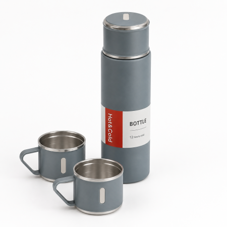Otthon és Konyha - 4 Részes Termosz Szett, 500 ml + 3 x 150 ml Csésze, Kompakt Kialakítás, Ideális Utazáshoz, Több Színben, szürke