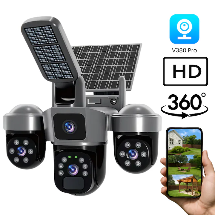 Camere de supraveghere - Cameră Supraveghere Solară 4G 12MP, 3 Lentile, PTZ 360°, Zoom 10X, Night Vision Color, Audio Bidirecțional, Lampă LED, Alarmă