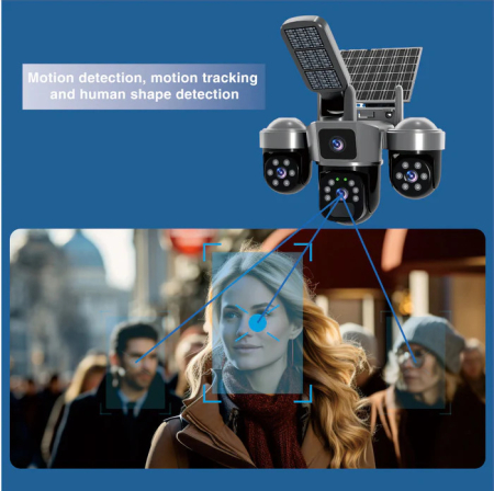 4G napelemes kültéri biztonsági kamera 12MP, 3 objektíves PTZ, tripla nézet, színes éjjellátás, mozgásérzékelés, kétirányú hang, LED lámpa, 24/7 működés [9]