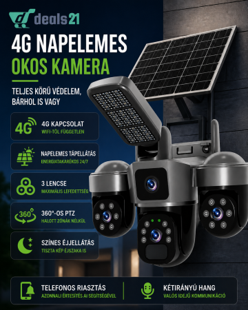 4G napelemes kültéri biztonsági kamera 12MP, 3 objektíves PTZ, tripla nézet, színes éjjellátás, mozgásérzékelés, kétirányú hang, LED lámpa, 24/7 működés [1]