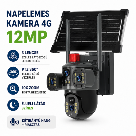 4G Napelemes Megfigyelő Kamera 3 Lencsével, 360°, Telefonról Irányítható, Színes Éjjellátás, Kétirányú Hang, Riasztás [2]