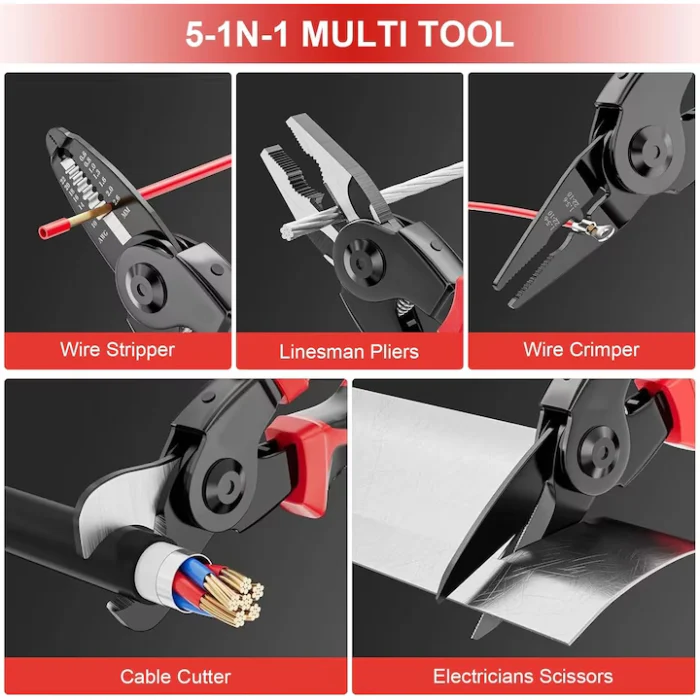 5 az 1-ben multifunkciós fogó készlet – prémium acél, fogó, olló, kábelvágó, krimpelő, csupaszoló, csúszásgátló fogantyú [1]