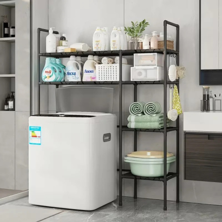 Polcok, rendszerezők és tartók - 5 Szintes Multifunkciós Tárolópolc Mosógép vagy WC Fölé, 138 × 106 × 25 cm, Fém Fürdőszobai és Mosókonyhai Polcrendszer, Szabadon Álló, Helytakarékos Kialakítás