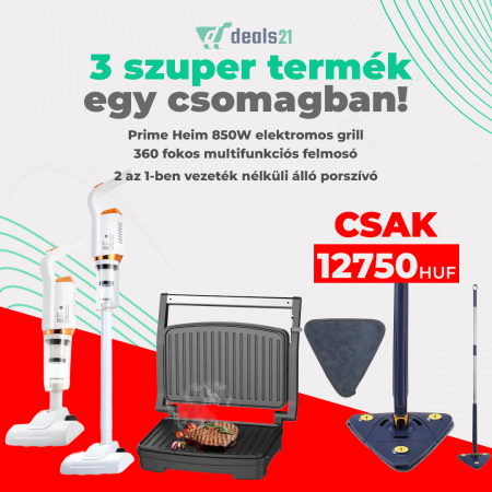 Otthon és Konyha - 3 az 1-ben csomag 850W elektromos grill + 360°-os forgó felmosó + vezeték nélküli álló porszívó