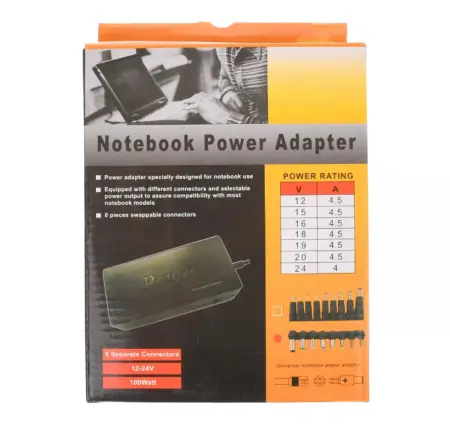 96W Univerzális Laptop Töltő, 220V, Állítható Feszültség 12V–24V, 8 Csatlakozó – Kompatibilis Acer, HP, Dell, Asus, Toshiba Laptopokkal [1]