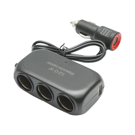 Autós kiegészítők - 12/24 V Multifunkciós Autós Elosztó Adapter, 3 Szivargyújtó Aljzattal és 2 USB Porttal, 500 mm Kábellel, Több Eszköz Egyidejű Tápellátásához, Fekete