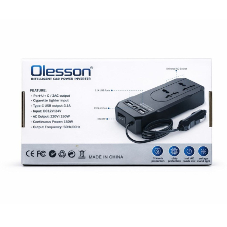 150 W Multifunkciós Autós Adapter, 12 V/220 V Feszültségátalakító, 2 USB Töltőporttal, Többszörös Védelemmel és Kompakt Kialakítással, Fekete [2]