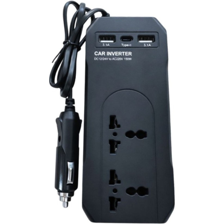 Autós kiegészítők - 150 W Multifunkciós Autós Adapter, 12 V/220 V Feszültségátalakító, 2 USB Töltőporttal, Többszörös Védelemmel és Kompakt Kialakítással, Fekete