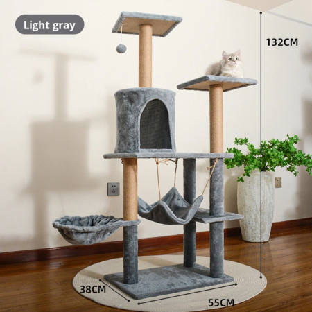 Pentru animale de companie - Ansamblu de catarat pentru pisici din lemn, înaltime 130 cm, design minimalist cu casuta, potrivit pentru toate anotimpurile, gri deschis/ gri inchis