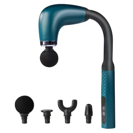 Produse Medicale - Aparat masaj tip pistol cu braț extensibil, 5 viteze 1000-2600 RPM, 4 capete, încărcare USB-C, motor silențios <45 dB, portabil, albastru/negru