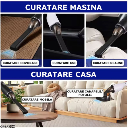 Újratölthető Autós Porszívó 80W, 2000 mAh Akkumulátor, Mosható HEPA Szűrő, 41x9,5x19,5 cm, Hordozható Kialakítás Gyors és Hatékony Tisztításhoz, Fehér-Fekete [3]