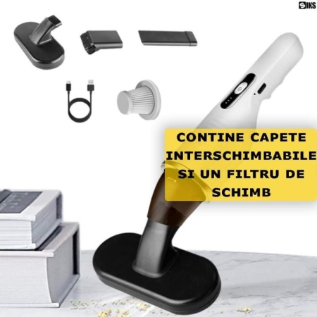 Újratölthető Autós Porszívó 80W, 2000 mAh Akkumulátor, Mosható HEPA Szűrő, 41x9,5x19,5 cm, Hordozható Kialakítás Gyors és Hatékony Tisztításhoz, Fehér-Fekete [2]