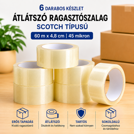 Átlátszó Csomagolószalag, Scotch Típusú, 60 m x 4,8 cm, 45 Mikron Vastagság, Erős Tapadás, Otthoni és Professzionális Használatra [2]