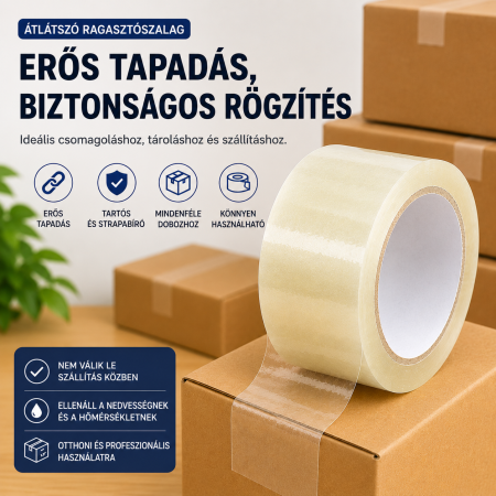 Átlátszó Csomagolószalag, Scotch Típusú, 60 m x 4,8 cm, 45 Mikron Vastagság, Erős Tapadás, Otthoni és Professzionális Használatra [1]