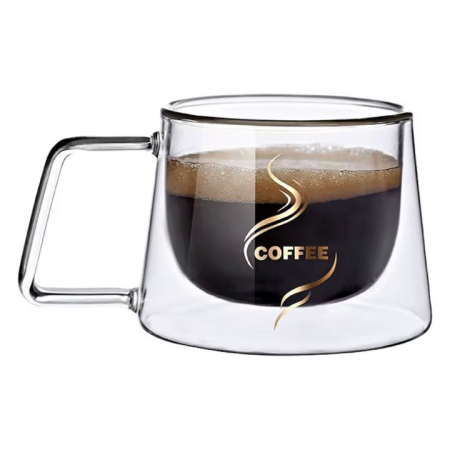 Casa si Bucatarie - Cană cafea transparentă 200 ml, perete dublu termorezistent, inscripție "coffee", dimensiuni 9.5×7.5×7 cm
