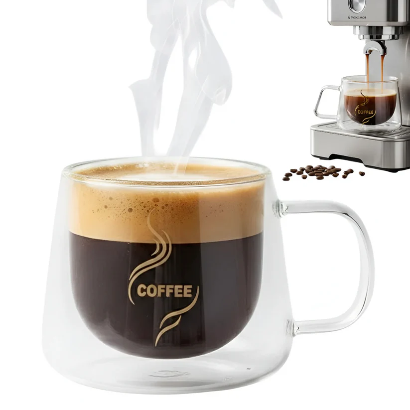 Duplafalú átlátszó kávés bögre 200 ml, hőálló kivitel, „coffee” felirattal, 9,5×7,5×7 cm [4]