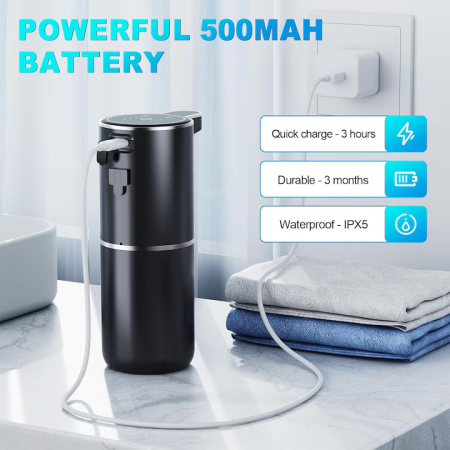 Automata szappanadagoló 380 ml, érintésmentes szenzor LED kijelzővel, 4 adagolási szint, gyors habképzés 0,25 s, USB-C töltés, vízálló, falra vagy pultra szerelhető, fekete/feher [6]