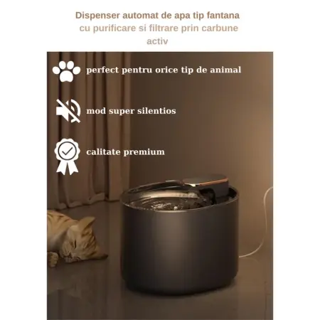 Automatikus vízadagoló prémium kutya- és macskamodell, aktív szénszűrővel, csendes működésű, kellemes kék LED világítással, 3L, hálózati adapter, fekete műanyag [4]