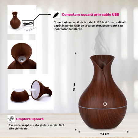 Barna Aromaterápiás Párásító, 130 ml, 30 ml/h, 1,49 W, 9,5x15 cm, 4 Óra Autonómia Automatikus Kikapcsolással, USB Táplálás [10]
