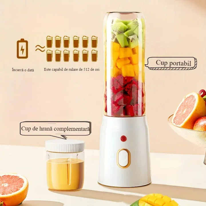 Vezeték nélküli 2 az 1-ben turmixgép és gyümölcscentrifuga 450–500 ml, 10 pengés, 1500 mAh akkumulátor, 40W, USB töltés, digitális kijelző, fehér [4]