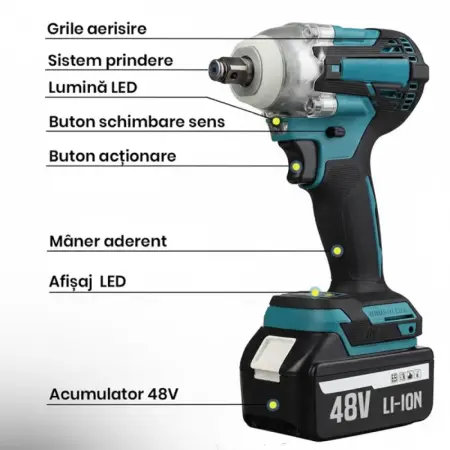Akkumulátoros ütvecsavarozó – 550 Nm, 48 V Li-Ion, kefe nélküli motor, 3 sebességfokozat, 43 tartozék, hordtáska [5]