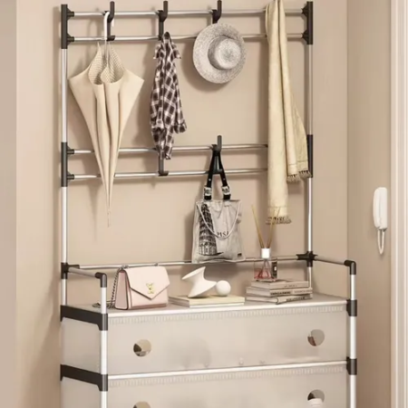 Multifunkciós Előszobai Fogas, 5 Cipőpolccal és 8 Dupla Kampóval, Modern Rendszerező Stabil Szerkezettel, Praktikus Kialakítás a Hatékony Tároláshoz [2]