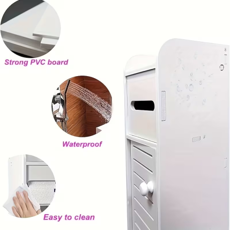 Fehér Fürdőszobai Szekrény 4 Szinttel, Porvédő Ajtókkal, Helytakarékos Slim Dizájn, 80x17x15 cm, Hatékony Rendszerezéshez Szűk Terekben [5]