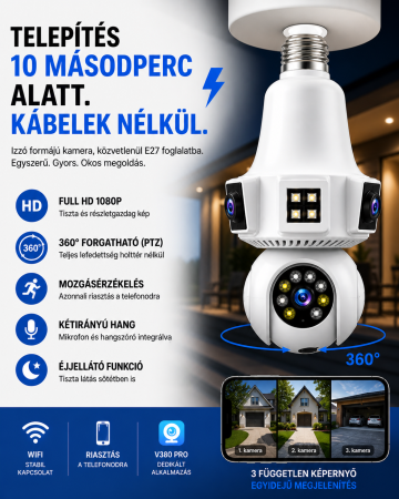 WiFi Izzó Típusú Megfigyelő Kamera 1080p, 3 Lencsével, 360°, 10X Zoom, Éjjellátás, Kétirányú Hang, E27 Foglalat [1]