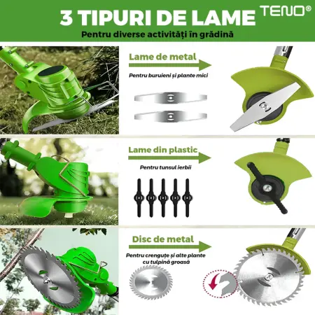 Elektromos fűkasza, 2 db 36 V akkumulátorral, teleszkópos nyél, 3 vágószárral, 18000 RPM, 2-3 óra üzemidő, tartozékokkal, zöld [1]