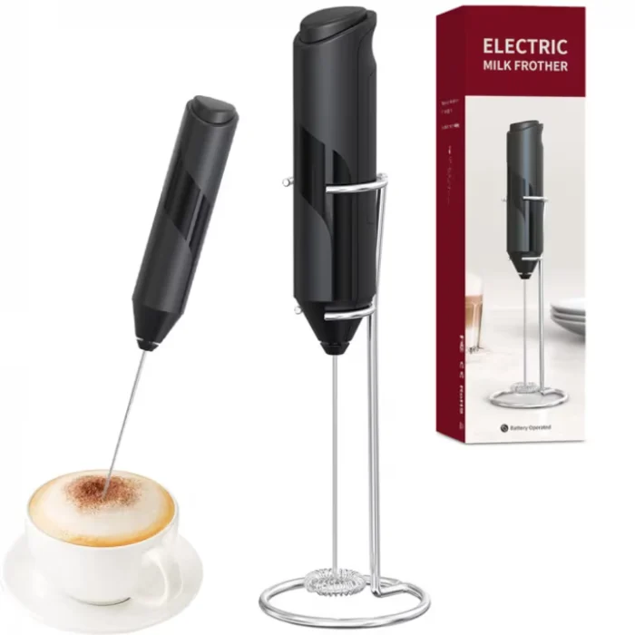 Otthon és Konyha - Elektromos tejhabosító mixer – álló tartóval, erős motor, rozsdamentes acél, meleg és hideg tejhez, AA elemmel, fekete