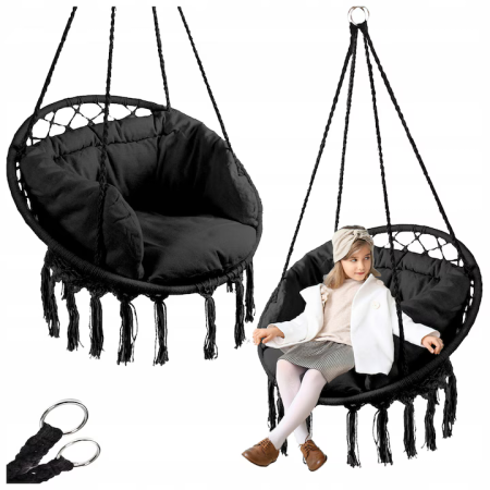 Függő hintafészek párnával, 80 cm átmérő, fém szerkezet, 150 kg teherbírás, pamut kötelek, kültéri használatra, fekete [2]