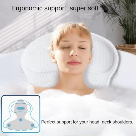 Fürdőkád párna 6 tapadókoronggal | Ergonomikus nyak- és válltámasszal, 4D Air-Mesh anyag, 43×43 cm, fehér, csúszásgátló [1]