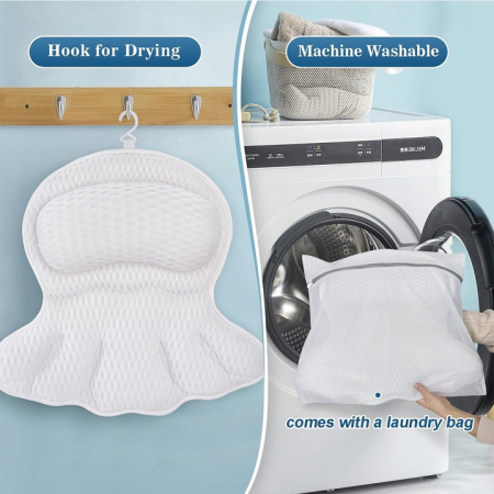 Fürdőkád párna 6 tapadókoronggal | Ergonomikus nyak- és válltámasszal, 4D Air-Mesh anyag, 43×43 cm, fehér, csúszásgátló [7]