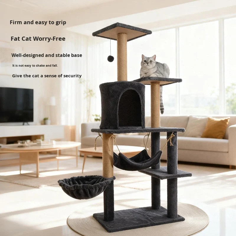 Fa macskabútor mászófa 130 cm, minimalista design kuckóval, stabil szerkezet, minden évszakra, sötétszürke / világosszürke [1]