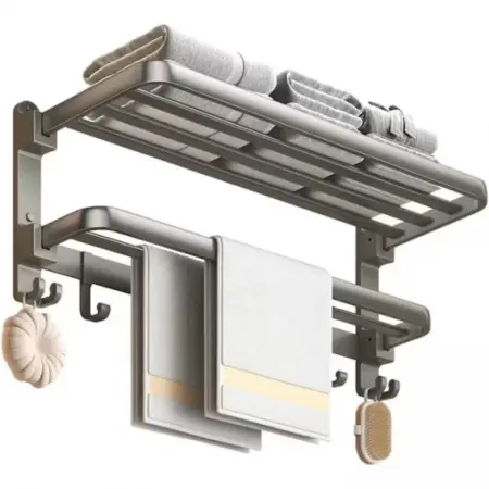 Polcok, rendszerezők és tartók - Fali Fürdőszobai Törölközőtartó, Összecsukható, Rozsdamentes Acél, Szürke, 1 Rúd, 8 Kampó, Rozsdaálló, Falra Szerelhető