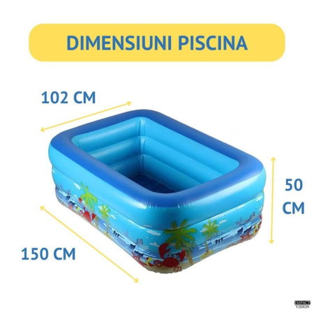 Felfújható téglalap alakú gyermekmedence 150×102×50 cm, 3 légkamrával, kényelmes aljzattal és tartós vinil anyagból, többszínű [1]