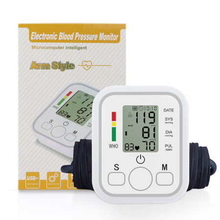 Produse Medicale - Tensiometru braț superior cu afișaj LCD, măsurare automată și detectare puls neregulat, 99 memorii, încărcare USB, sistolic/diastolic, protecție la șocuri, alb