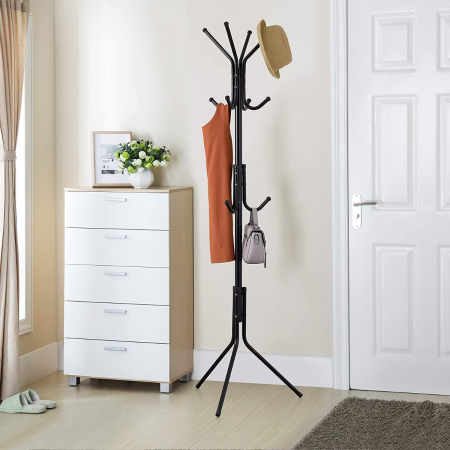 Rafturi, Organizatoare si Suporturi - Cuier tip pom metalic 45×175 cm, 11 agățători, capacitate 18 kg, design modern compact, stabil pe 3 picioare, culoare negru